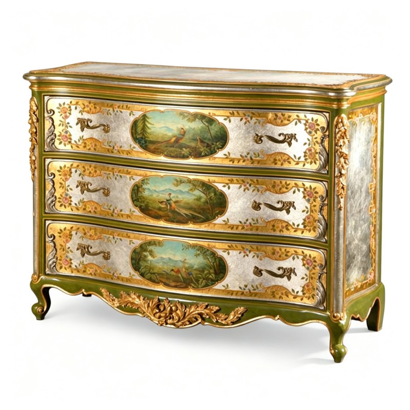 French Classical Green-Base Gilded Bird-Flower Three-Drawer Chest