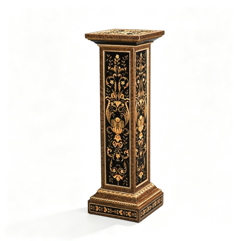 Classic French-Style Carved Inlaid Column Plant Stand