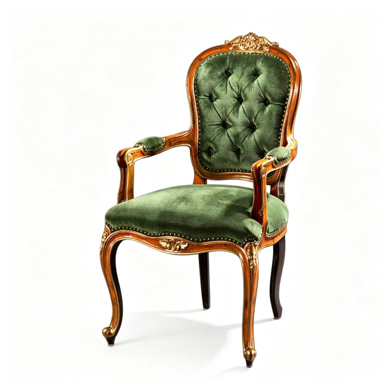 Classic French-Style Carved Dark Green Velvet Armchair