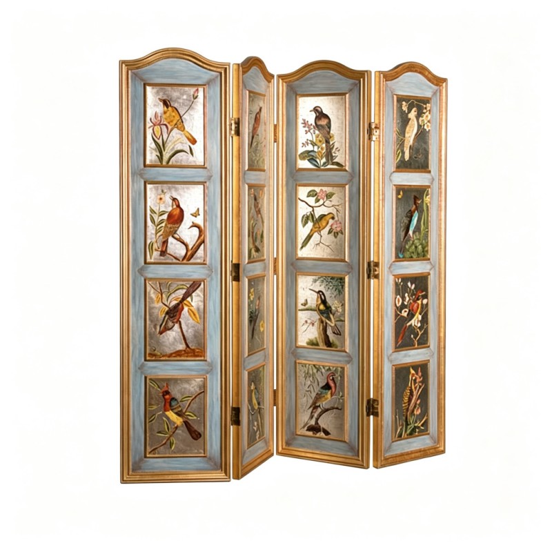 Light-Blue-Lacquered Bird-and-Flower Four-Fold Screen