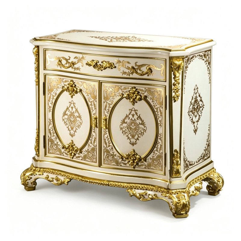 French Classical Cream Curved Gold-Carved Storage Cabinet