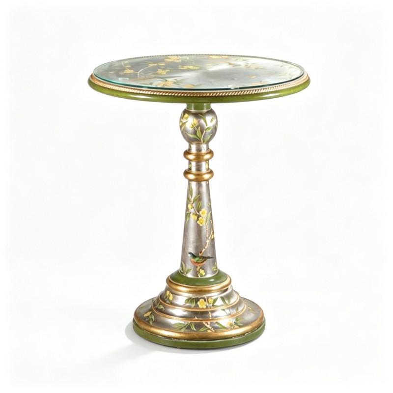 French Classical Bird-Flower Hand-Painted Round Side Table