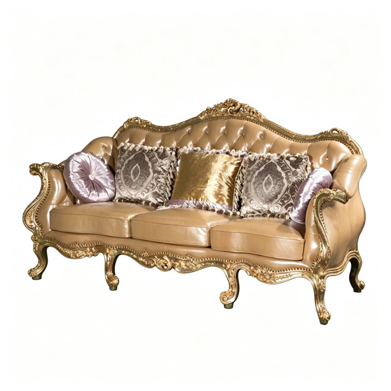 French Classical Light-Brown Leather Carved Three-Seat Sofa