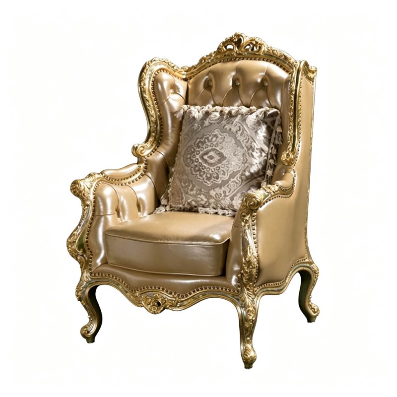 French Classical Champagne-Leather Carved Armchair