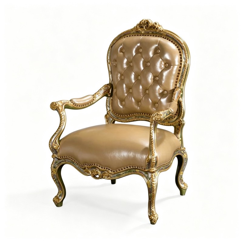 French Classical Khaki Leather Carved Armchair