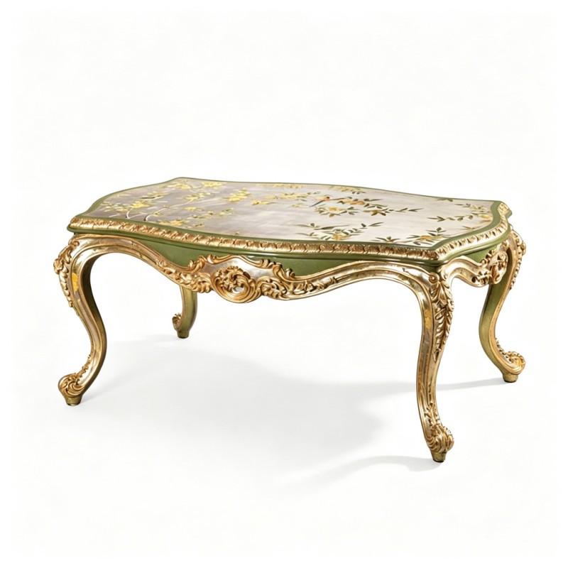 French Classical Bird-Flower Hand-Painted Gilded Coffee Table