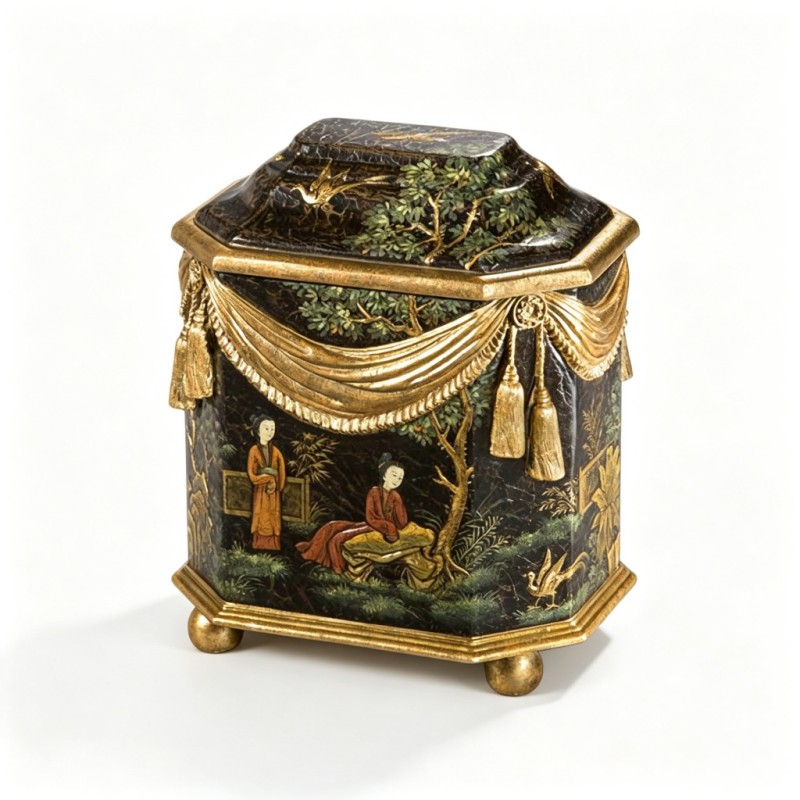 Black Figure-Bird-Flower Octagonal Antique Storage Box