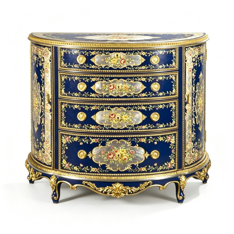 French Classical Sapphire Gilded Carved Curved Chest