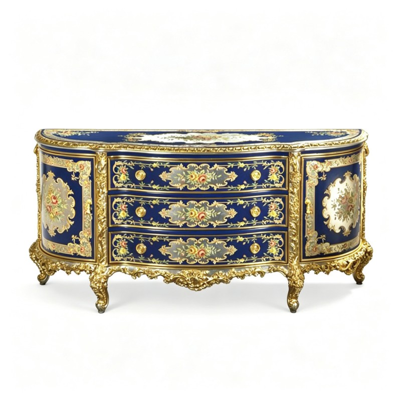 French Classical Sapphire Gilded Hand-Painted Console Cabinet