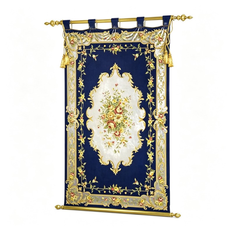 French Classical Deep-Blue Floral-Embroidered Decorative Wall Tapestry