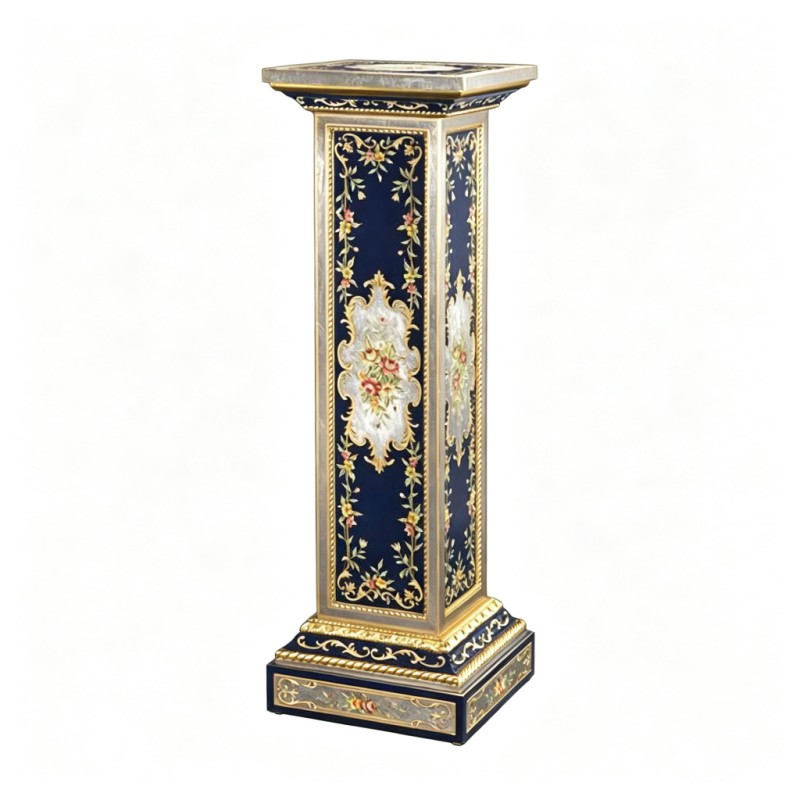 French Classical Deep-Blue Gold-Carved Column Plant Stand