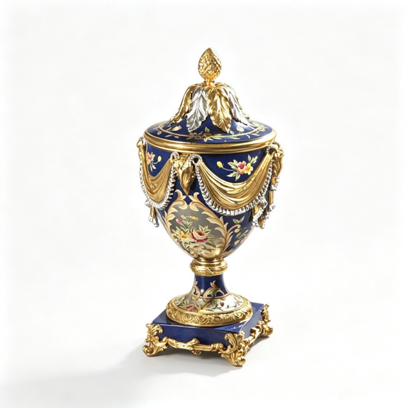 French Classical Sapphire-Enamel Gilded Lidded Jar