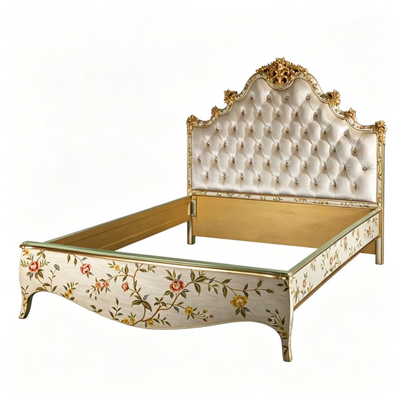 French Classical Cream Upholstered Carved Double Bed