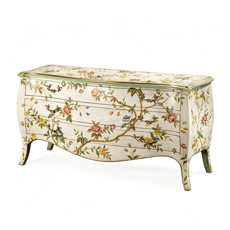 French Vintage Floral Hand-Painted Wavy Drawer Chest