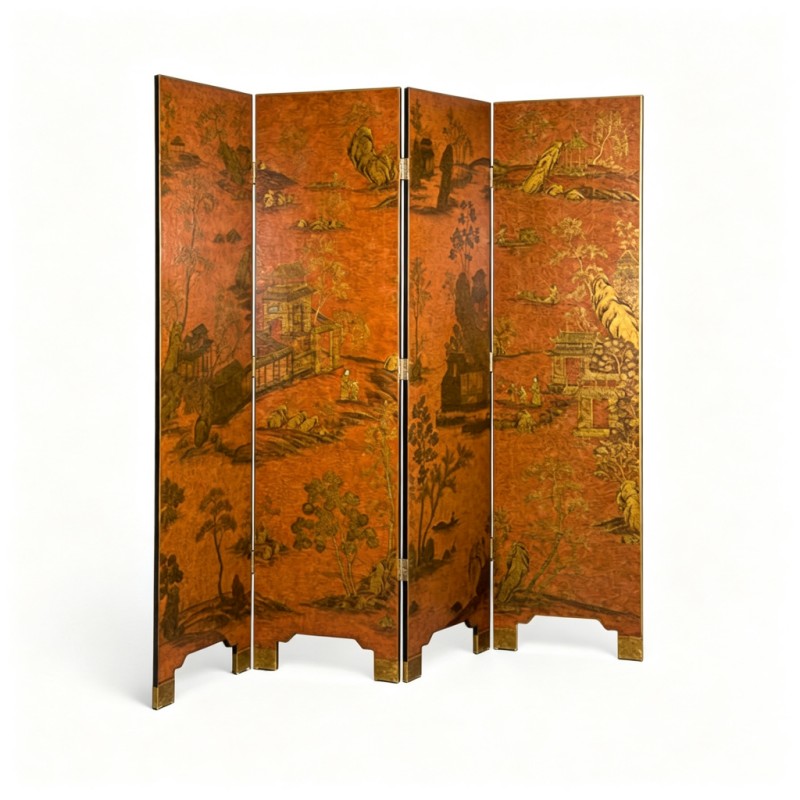 Red-Orange Gilt Landscape Four-Fold Screen