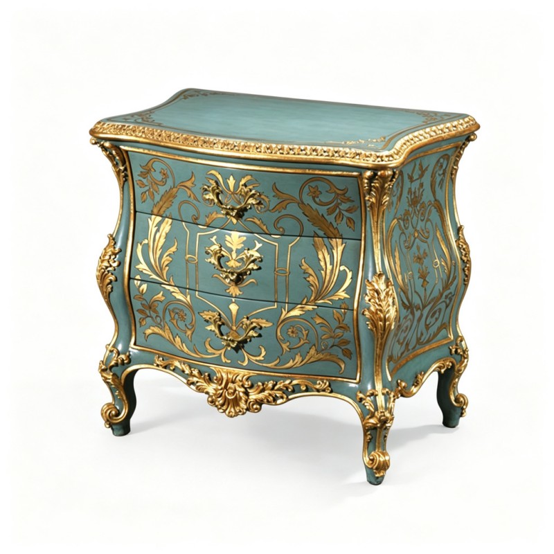 French Classical Celadon Gold-Carved Three-Drawer Chest