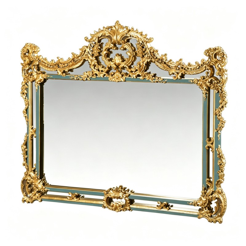 French Baroque Celadon Gold-Carved Decorative Wall Mirror