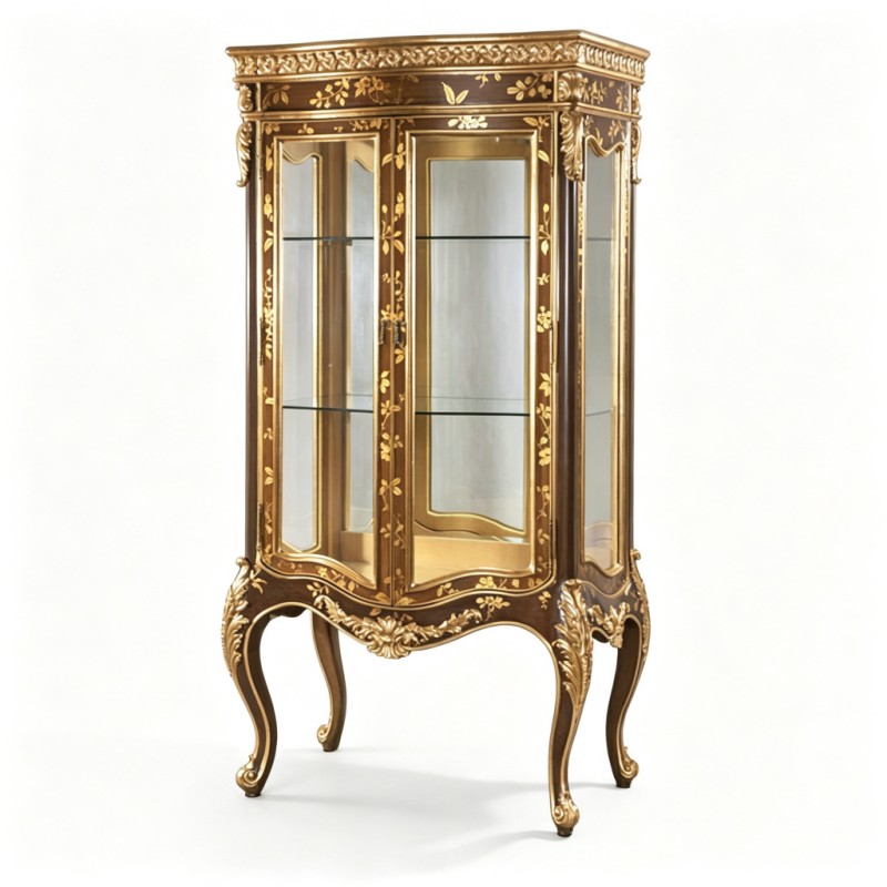 Gilded Classic French-Style Carved Glass Display Cabinet