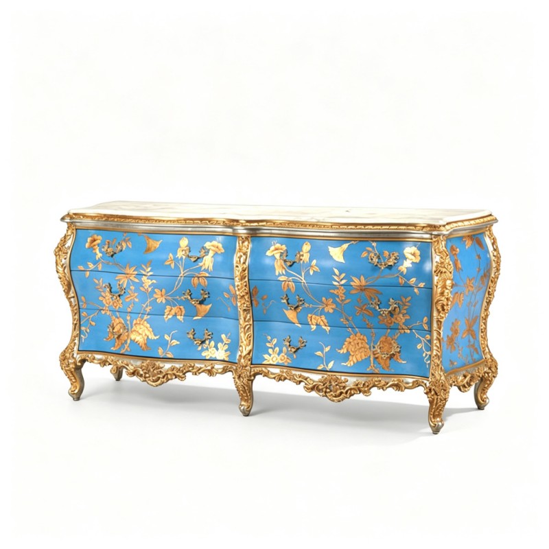 French Classical Sapphire Gilded Marble-Top Storage Cabinet
