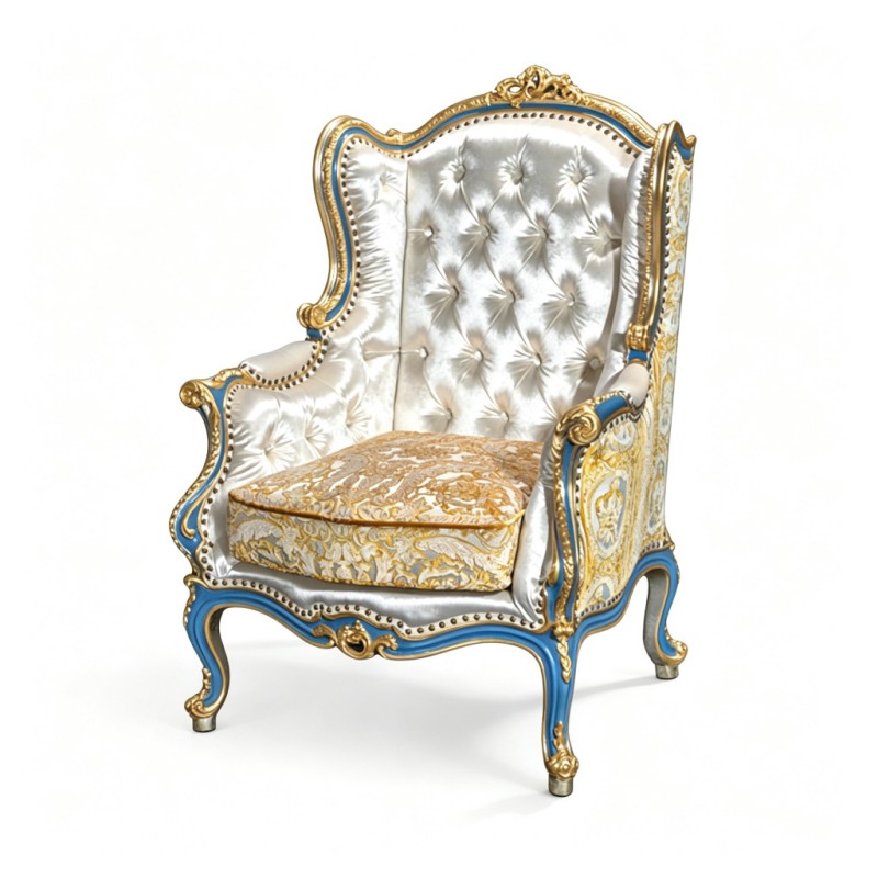 French Classical Blue-Gold Carved Tufted Armchair