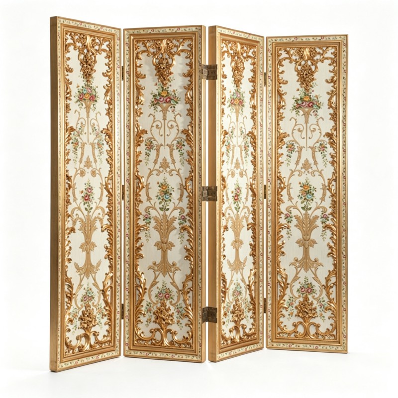 Cream Gold-Carved Hand-Painted Floral Four-Fold Screen