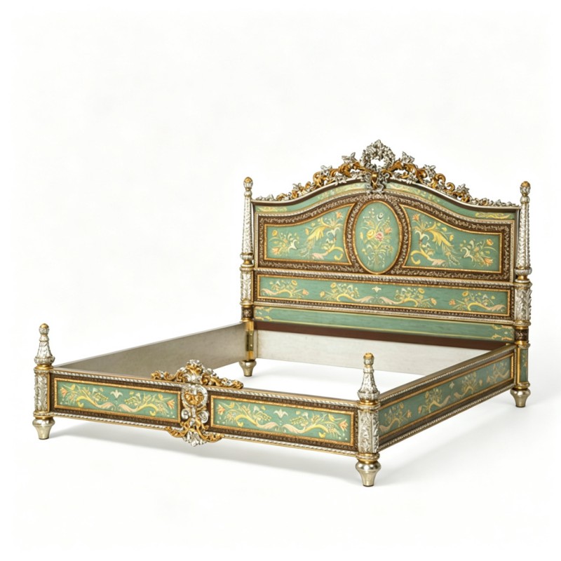 French Rococo Celadon Gold-Carved Bed Frame