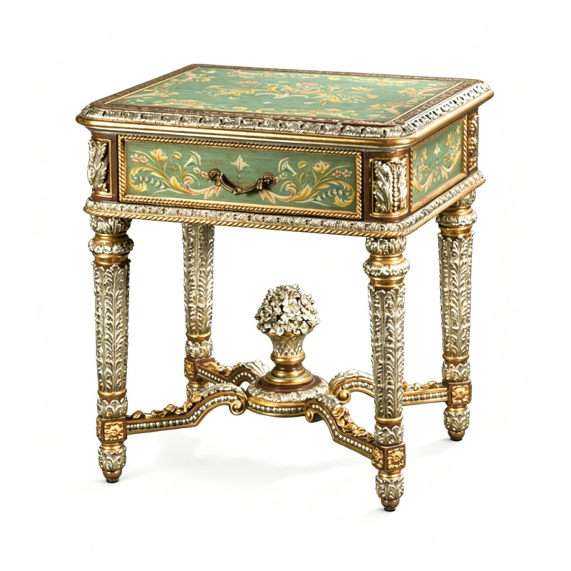 French Classical Green-Base Floral Carved Side Table