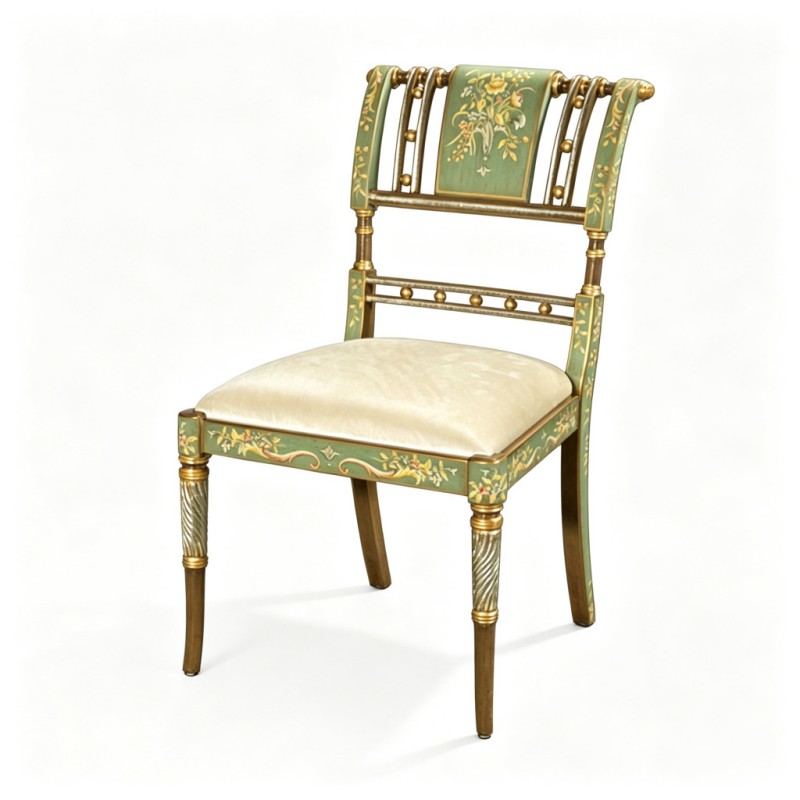 French Classical Celadon Gold-Painted Openwork-Backrest Dining Chair
