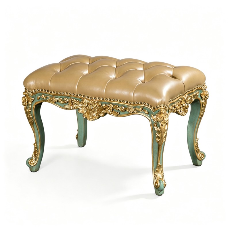 French Classical Distressed Celadon Gold-Carved Low Stool