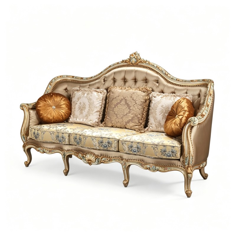 French Classical Champagne-Gold Carved Three-Seat Sofa