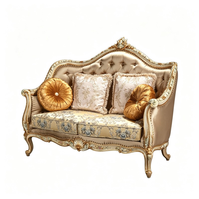 French Classical Light-Champagne Satin Carved Two-Seat Sofa