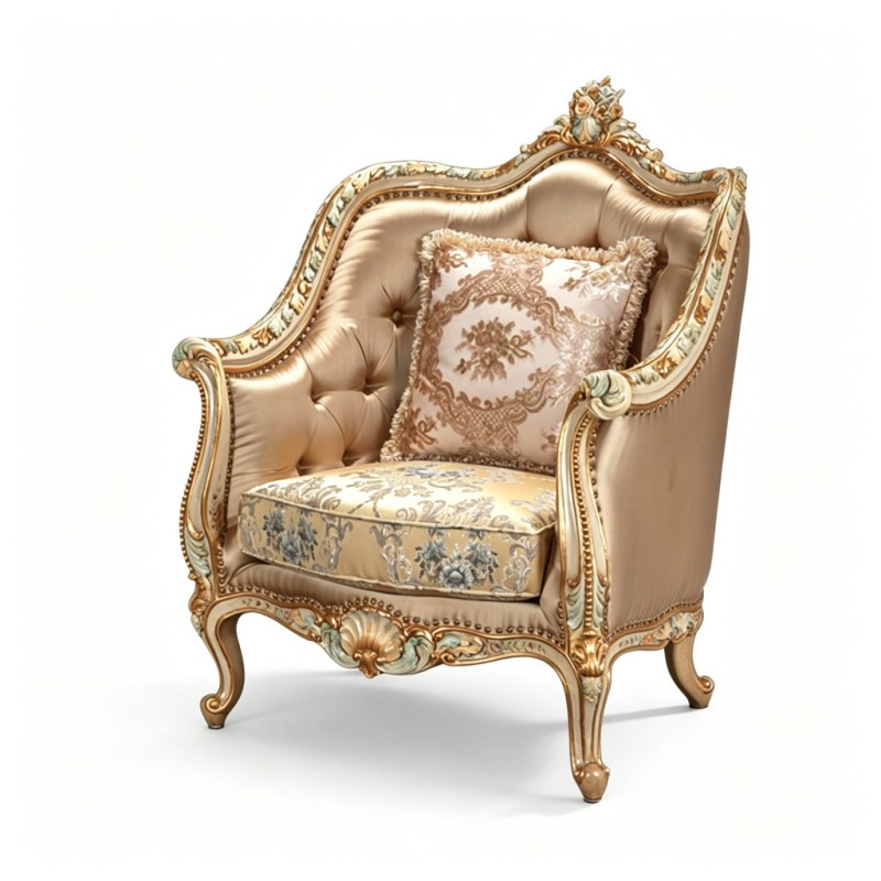 French Classical Champagne-Satin Carved Armchair