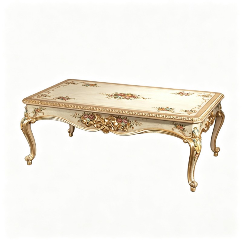 French Classical Cream Floral Hand-Painted Carved Coffee Table