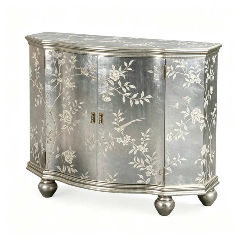 French Classical Silver-Foil Bird-Flower Hand-Painted Curved Console Cabinet