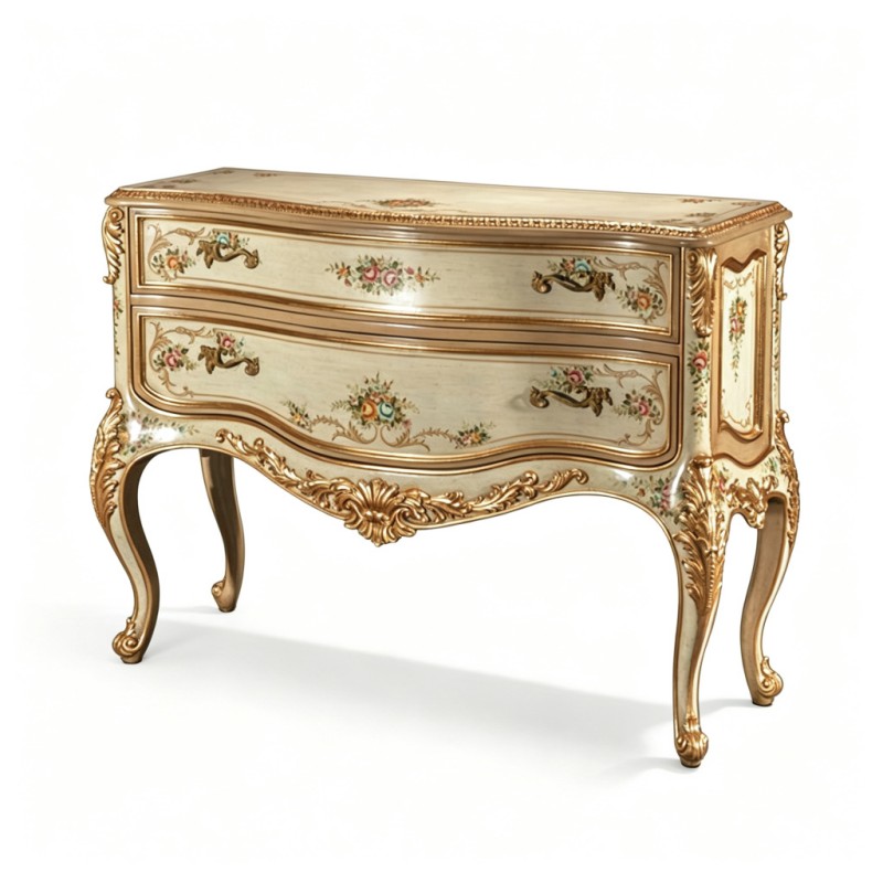 French Classical Cream Floral Hand-Painted Two-Drawer Console Cabinet