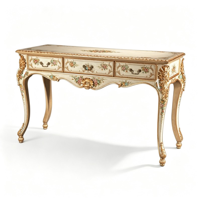 French Classical Cream Floral Hand-Painted Carved Writing Desk