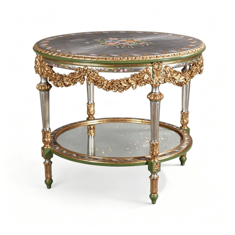 French Classical Silver-Gold Carved Round Decorative Side Table