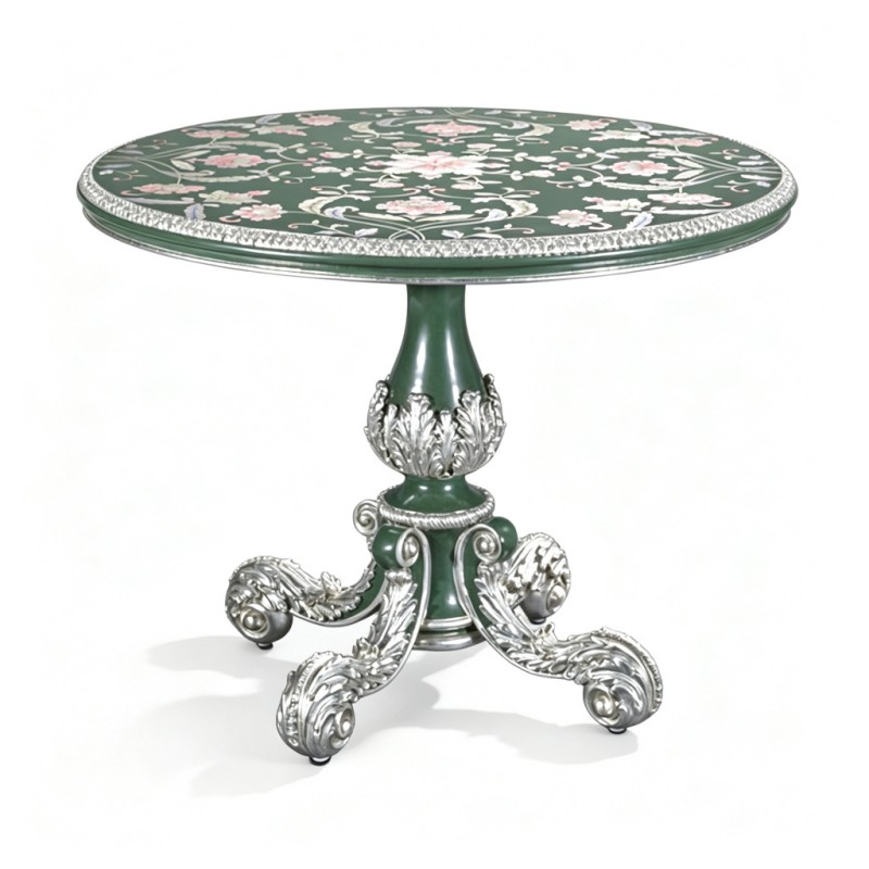 French Classical Deep-Green Silver-Carved Round Decorative Table