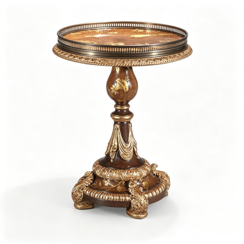 Gilded Classic French-Style Carved Pedestal Round Side Table