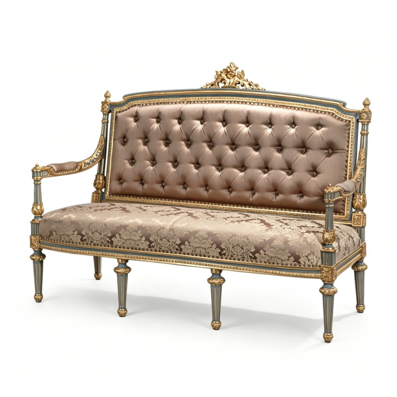 French Classical Grey-Blue Gilded Carved Two-Seat Sofa