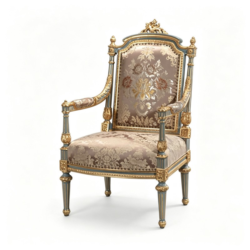 French Classical Light-Grey-Blue Gilded Carved Armchair