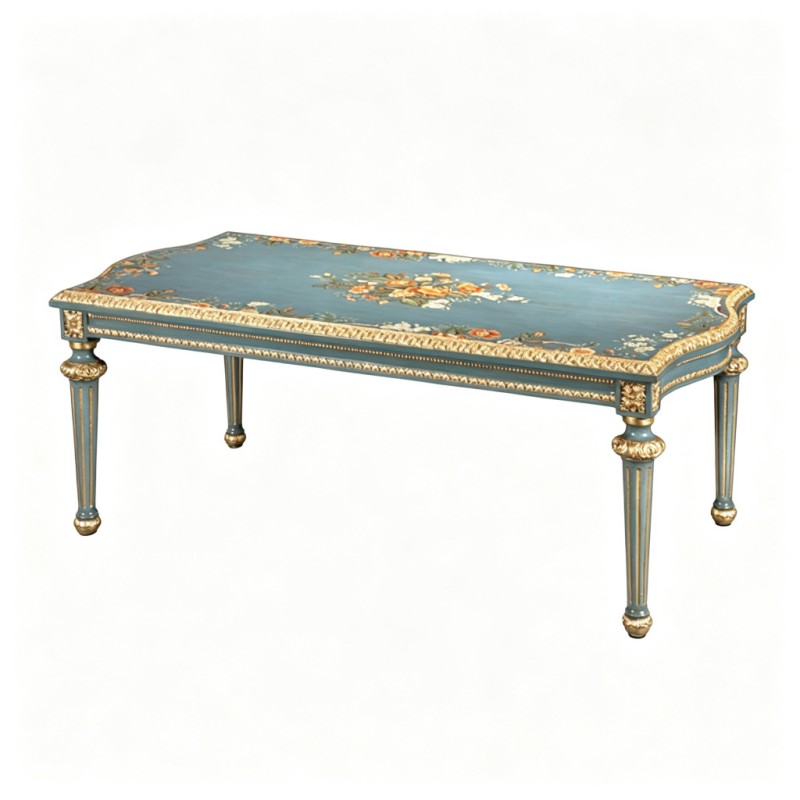 French Classical Teal-Lacquered Gold-Carved Coffee Table