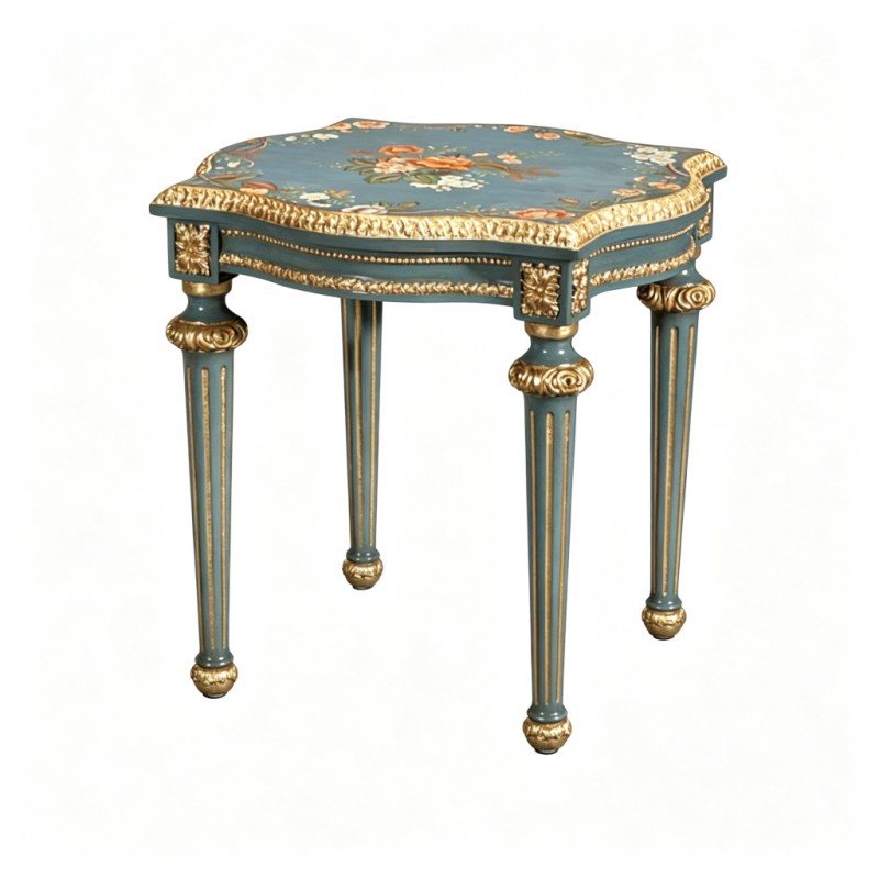 French Vintage Teal Petal-Shaped Carved Side Table