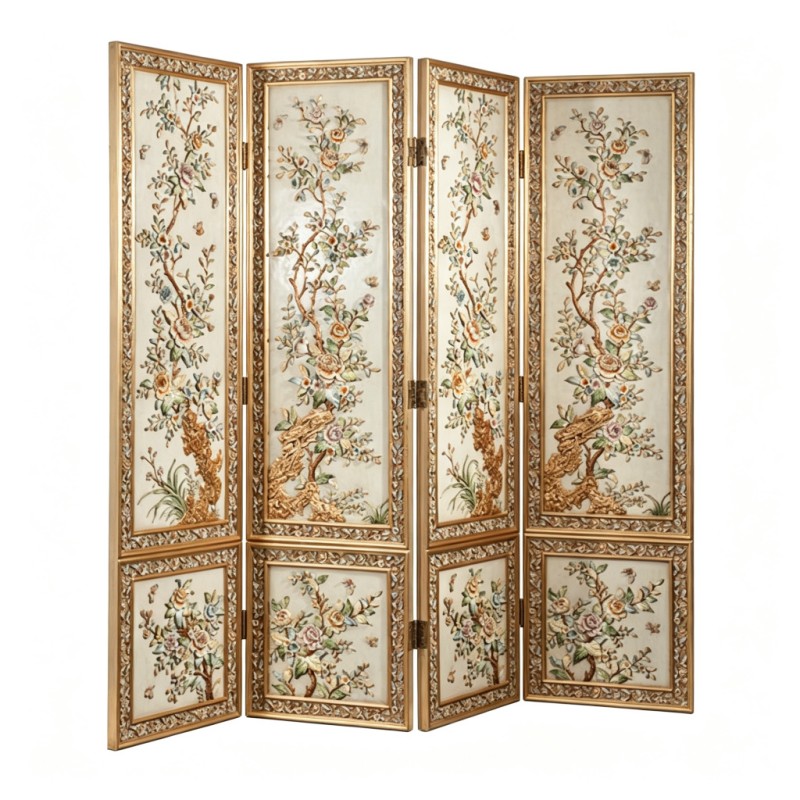 Gold-Carved Floral-and-Trees Four-Fold Screen