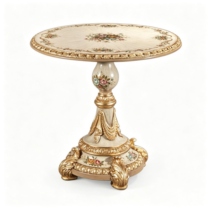 French Classical Cream Floral Hand-Painted Round Side Table