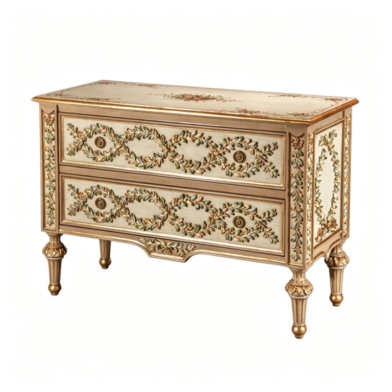 French Classical Distressed Beige Gold-Edged Two-Drawer Cabinet