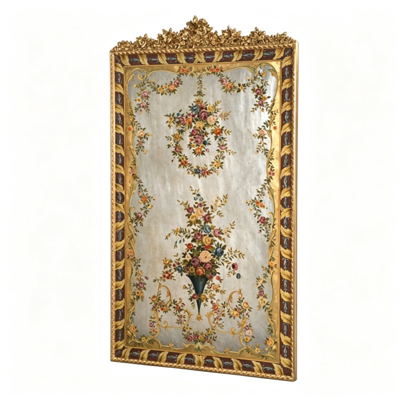 Gold-Carved Hand-Painted Floral Standing Decorative Mirror