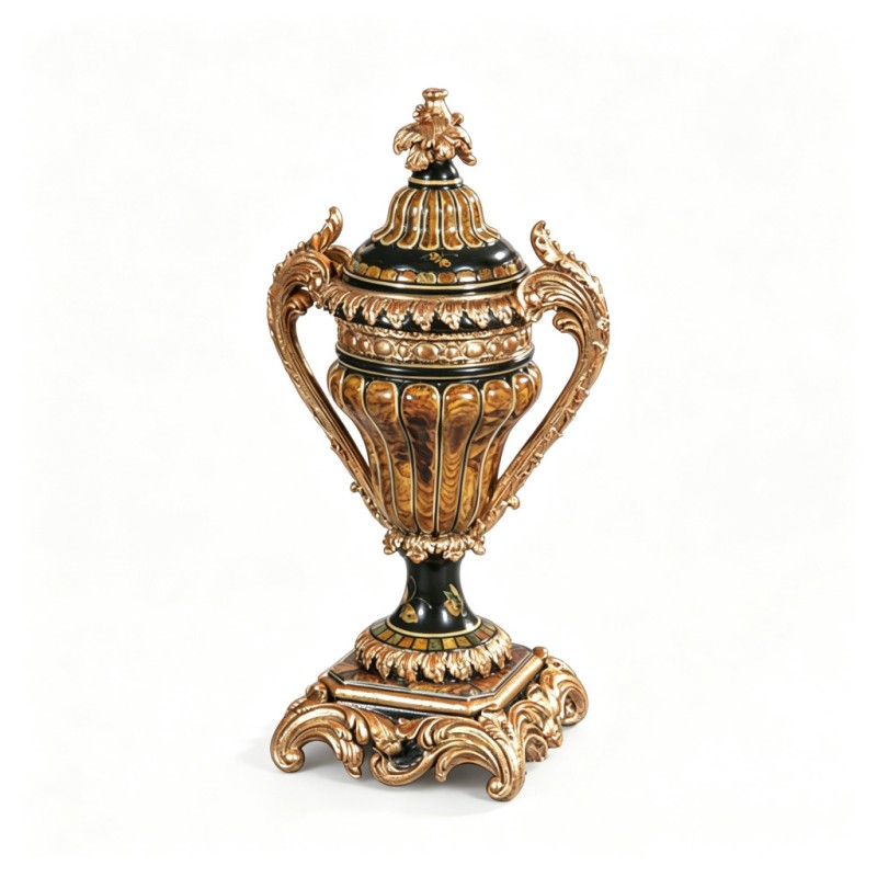 Black Gilded-Scroll-Leaf Two-Handle Lidded Urn Ornament