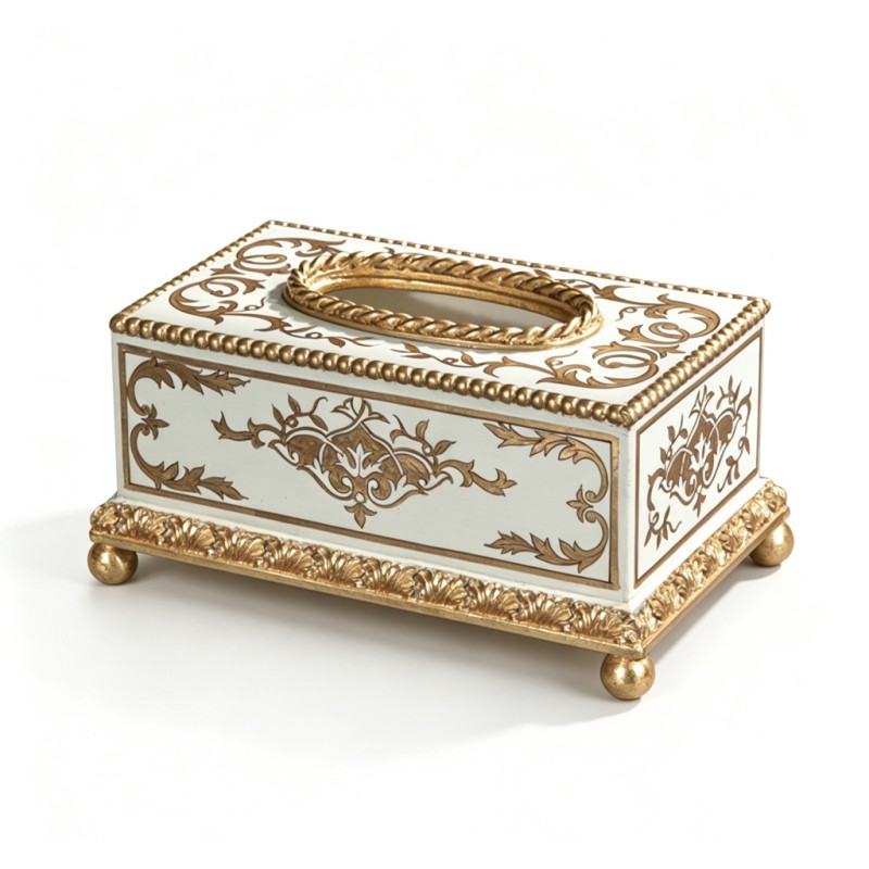 Cream Gilded-Scroll-Carved Rectangular Tissue Box