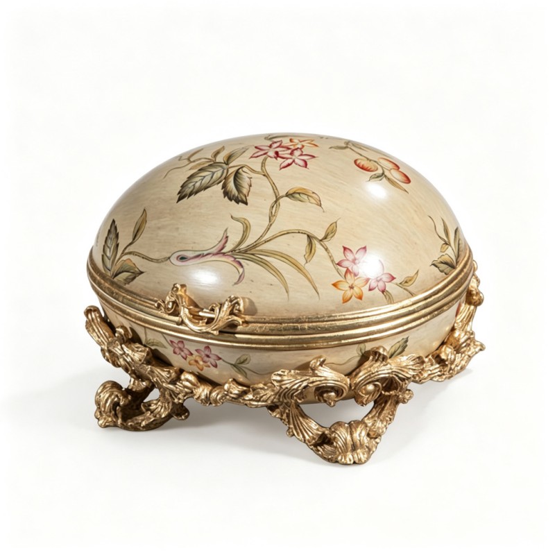 Cream Floral-Bird Hand-Painted Oval Jewelry Box